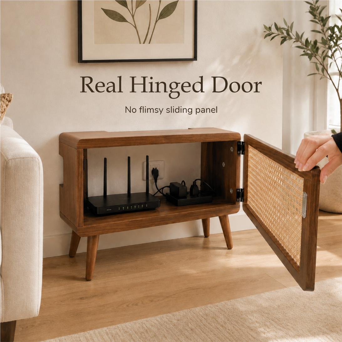 Hand opening the real hinged door of the KAKURE cabinet, router visible inside