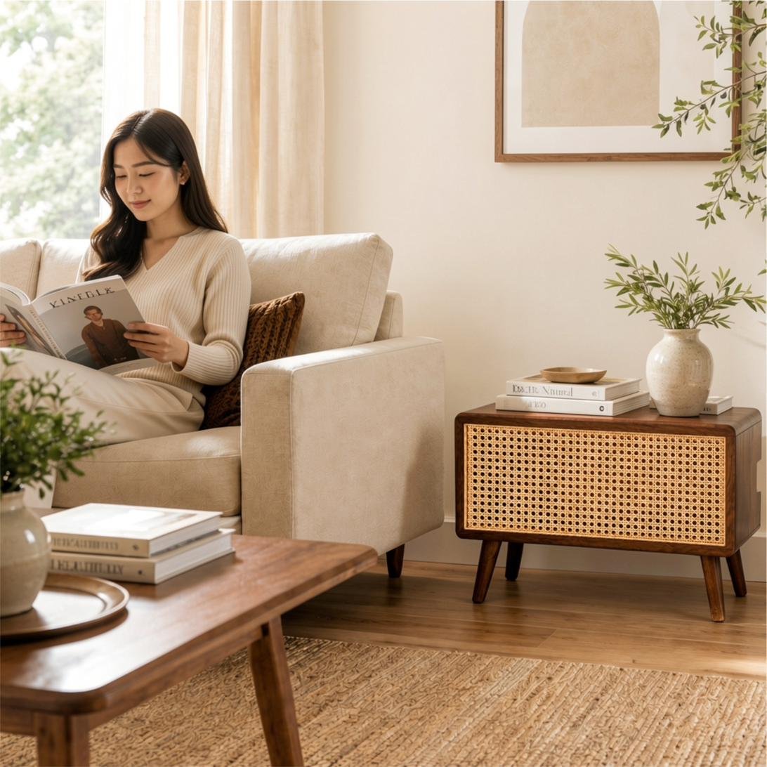 KAKURE walnut and cane router cabinet styled as a side table in a calm Japandi living room