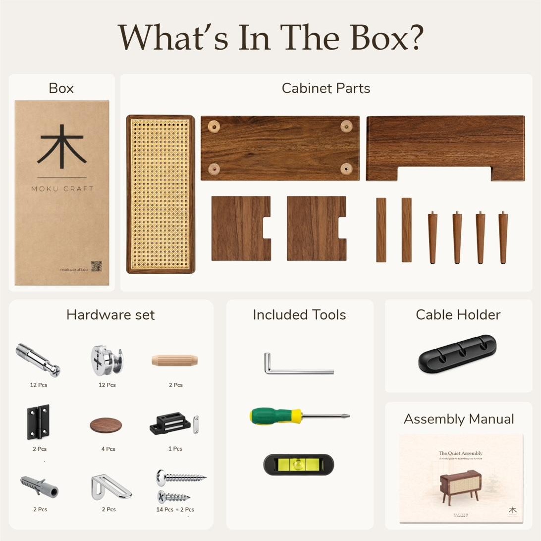 Everything in the KAKURE box: cabinet parts, screwdriver, hex key, bubble level, hardware set, cable holder and the illustrated assembly manual