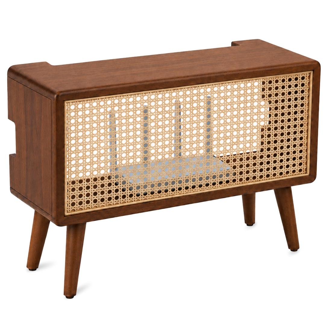 KAKURE Wi-Fi router storage cabinet, three-quarter studio view showing the walnut body, cane front and tapered legs