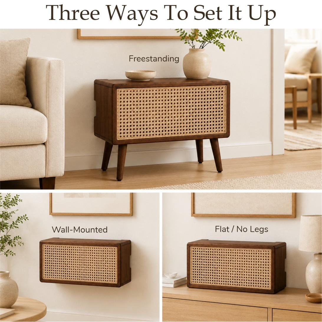 One cabinet, three setups: freestanding on legs, wall-mounted as a floating shelf, or flat with no legs